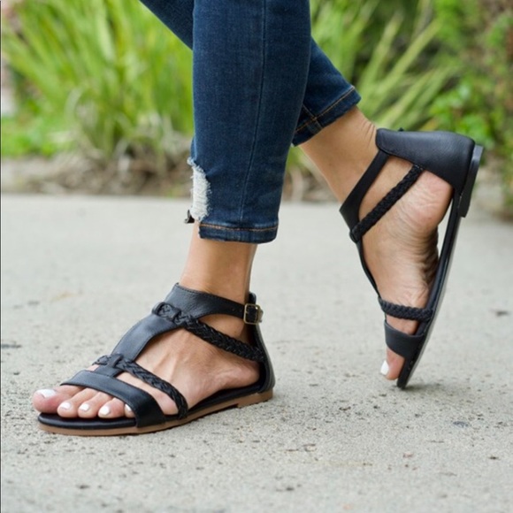 Shoes - Black Vegan Leather Roman Sandal